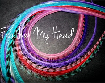 Blue, Pink Purple Hair Feather Extensions. Long Lengths and Hair Feather Kit Available - Cotton Candy  Mix