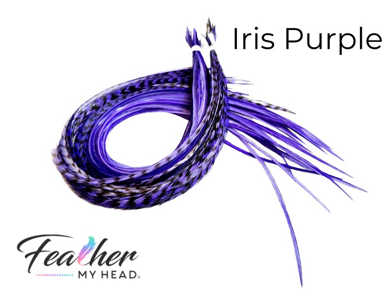 Purple Iris Hair Feather Extensions. 6 Hair Feathers, Long Lengths and Hair Feather Kit Available image 9