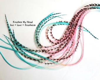 Hair Feathers Kit: Multi Color Very Long Rainbow Ombre Feather Set- Pink and Aqua - DIY Feather Kit Optional