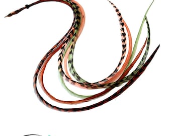 Real Rooster Hair Feather Extensions, Sage Spice Boho Blend, Heat Safe DIY Kit - 6 Piece Set