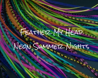 16 Real Feathers, Options Available: DIY Kit, Loose or Bonded, Pick Length 7 - 16 Inches Long, Can Be Curled Or Straighten - Neon Night Mix