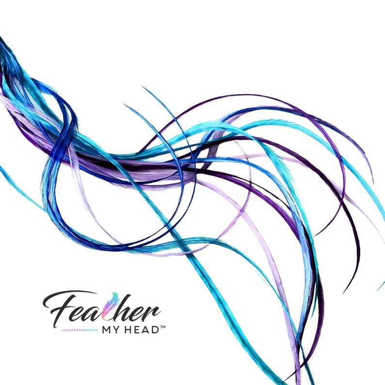 Hair Feather Extensions in colors of blue purple and turquoise. Long hair feathers with a optional feather kit which includes attachment beads, instructions and tool to pull hair through micro bead.