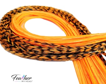 Bright Neon Orange Hair Feathers UV Reactive, Glow Under Black Light, Real Feather Hair Extension, (1) Single Feather, Pick Your Length