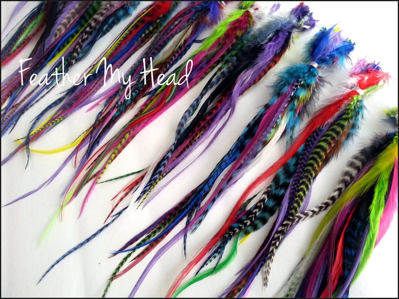 50 Pc Whiting Wide Feather Extensions With Fluff / Bright Grizzly Colors / 7 12 Inches Long image 2