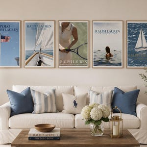 Ralph Lauren kustmuurkunst set oud geld nautische prints preppy blauwe vintage zomer galerij wanddecoratie voor appartement strandhuis kust
