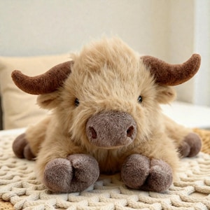 Può includere: Un peluche a forma di mucca delle Highlands nei toni del beige e del marrone. L'animale di peluche ha un corpo soffice, corna marrone scuro e un viso dettagliato con piccoli occhi neri. Il giocattolo è appoggiato su una superficie color crema.