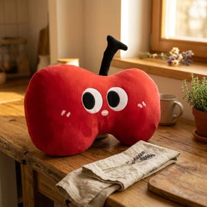 Könnte beinhalten: Ein rotes, apfelförmiges Kissen mit großen Cartoon-Augen und einem schwarzen Stiel. Das Kissen hat einen lächelnden Ausdruck mit kleinen weißen Punkten auf jeder Seite. Es liegt auf einer Holzoberfläche mit einem gefalteten Leinentuch.