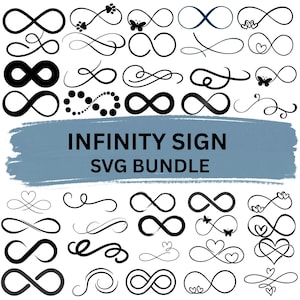 Könnte beinhalten: Eine Sammlung schwarzer Unendlichkeitszeichen in verschiedenen Designs, darunter Herzen, Schmetterlinge und Pfotenabdrücke. Der Text "INFINITY SIGN SVG BUNDLE" ist auf blauem Hintergrund zu sehen.