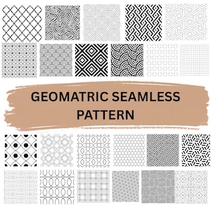 May include: A selection of black and white geometric seamless patterns. The designs feature repeating shapes such as diamonds, circles, and lines. The text "GEOMATRIC SEAMLESS PATTERN" is displayed on a brown brushstroke.