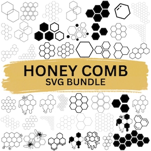 May include: A collection of honeycomb designs in black and white, with some designs featuring dripping honey and bees. The text "HONEY COMB SVG BUNDLE" is displayed on a gold brushstroke background, showcasing various hexagonal shapes.