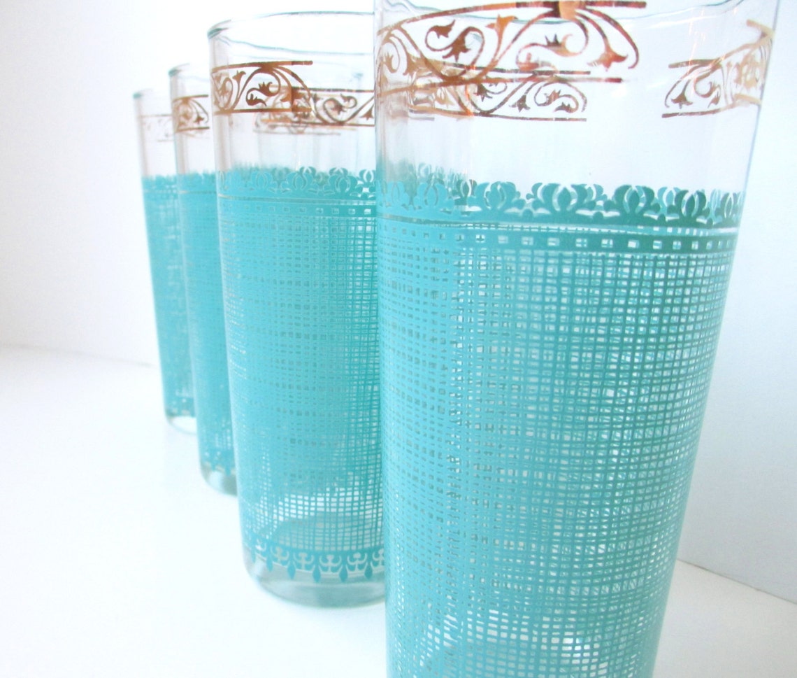 Vintage Drinking Glasses Mid Century Turquoise and Gold Set | Etsy