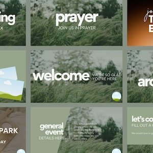 May include: A collection of promotional graphics with text overlays. The designs feature phrases like "prayer," "welcome," and "let's connect." Each graphic has a background of tall grass and trees, with a soft, blurred effect. Some include additional text and design elements.