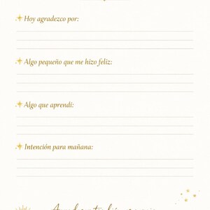 Puede incluir: Un diario de gratitud con el texto "GRATITUD DIARIA" en dorado. El diario tiene indicaciones en español, incluyendo "Hoy agradezco por:" y "Algo pequeño que me hizo feliz:". También incluye un sol y una luna.