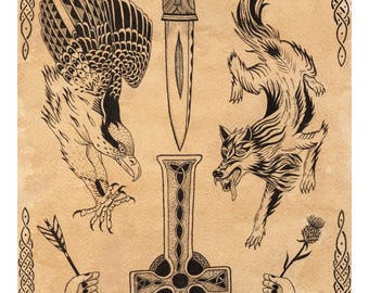 Eagle Wolf Art Print | Scottish Medieval Illustration