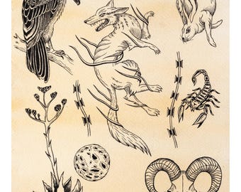 Desert Wildlife Art Print | Southwestern Tattoo Illustration
