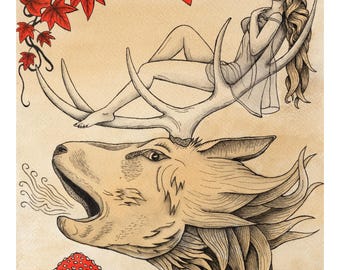 Scottish Deer Art Print | Fantasy Folk Illustration