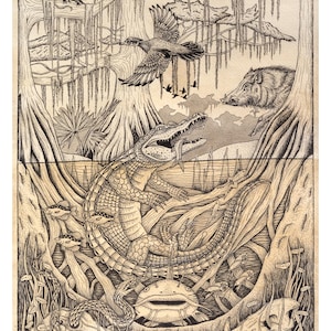May include: A detailed black and white ink illustration of a swamp ecosystem. The scene features a central alligator with a fish in its mouth, surrounded by a wild boar, a possum, birds in flight, a catfish, two animal skulls, and cypress trees.