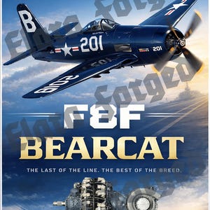 May include: A navy blue Grumman F8F Bearcat aircraft poster. The plane has the number 201 on the wings and fuselage. The poster includes the text "THE LAST OF THE LINE. THE BEST OF THE BREED."