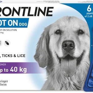 May include: Frontline Spot On Dog product box featuring a golden retriever. The packaging states it kills fleas, ticks, and lice. The product is for dogs over 20 to 40 kg. A blue applicator is visible.