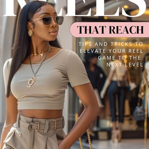 May include: A woman wearing sunglasses and gold jewelry, including a necklace with a pendant. She is wearing a light green crop top and matching pants with a belt. The image has text that reads "REELS" and "THAT REACH".