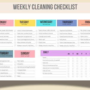 Può includere: Un elenco di controllo delle pulizie settimanali con sfondo beige e intestazioni colorate per ogni giorno della settimana. L'elenco include attività per camere da letto, cucina, bagno, zone giorno e compiti quotidiani.