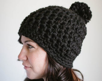 Beanie Hat with Pom Pom - Crochet - Super Bulky  - Select Color