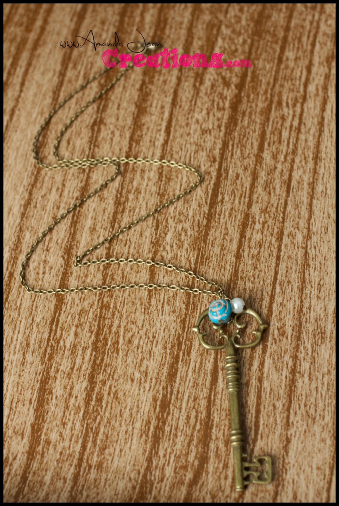 Antique Brass Skeleton Key Necklace With Blue Rose Bead and Etsy