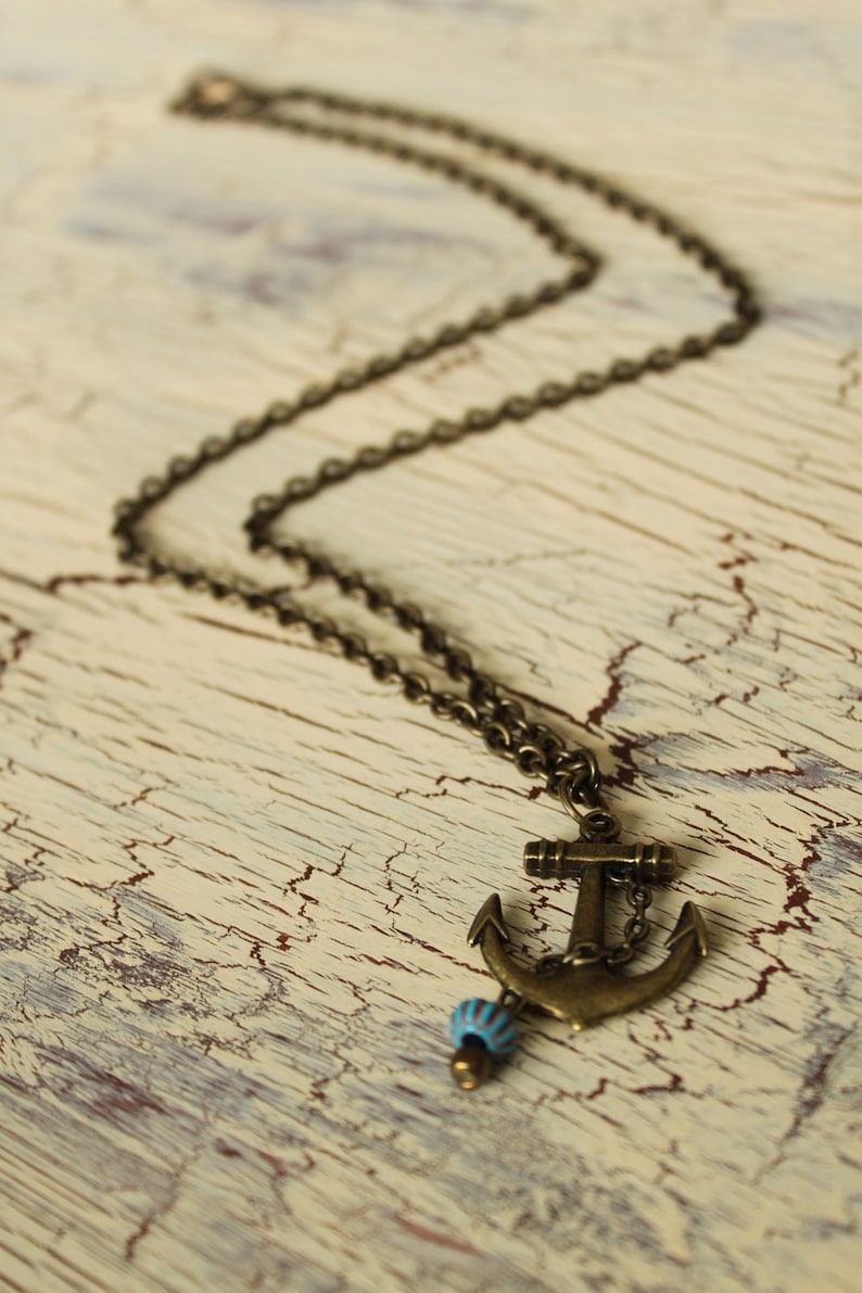 Anchor Necklace Antique Brass Nautical With Turquoise Etsy