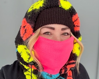 Balaclava - SHERPA Fleece - Fits Over Helmet - Smiley Faces - Neon Pink