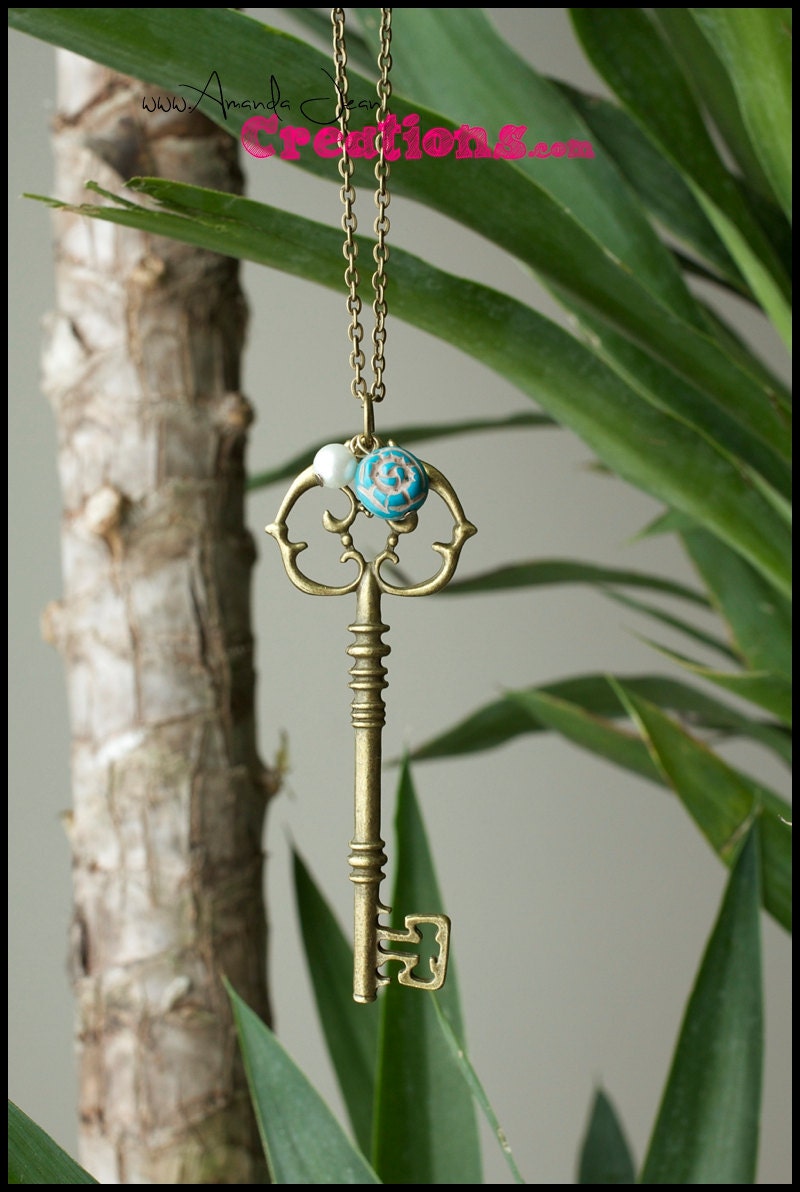 Antique Brass Skeleton Key Necklace With Blue Rose Bead and Etsy