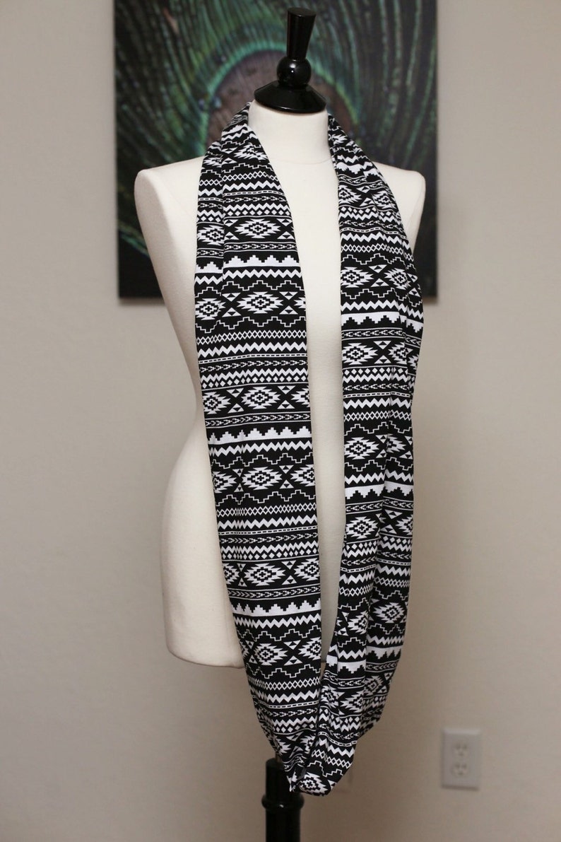 Infinity Scarf Jersey Knit Black and White Aztec Etsy
