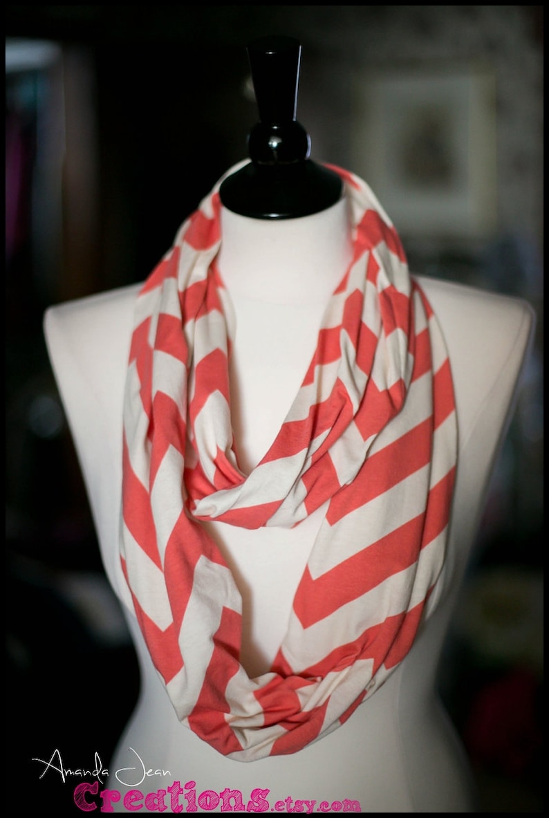Infinity Scarf Jersey Knit Coral & Cream Chevron Etsy
