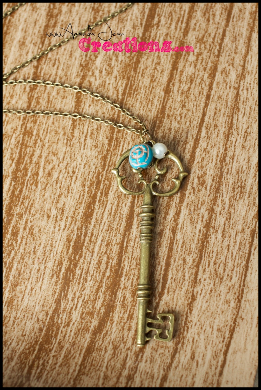 Antique Brass Skeleton Key Necklace With Blue Rose Bead and Etsy