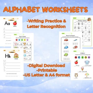 Può includere: Fogli di lavoro sull'alfabeto con esercizi di scrittura e riconoscimento delle lettere. Include pagine stampabili per lettere mancanti, vocali brevi e denominazione di oggetti. Download digitali in formato US Letter e A4.