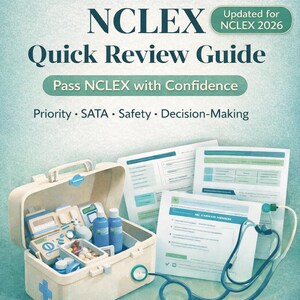 May include: An image of a medical study guide titled "NCLEX Quick Review Guide" with the text "Updated for NCLEX 2026." The image includes a medical kit, documents, and a stethoscope. The guide promises to help pass the NCLEX with confidence.