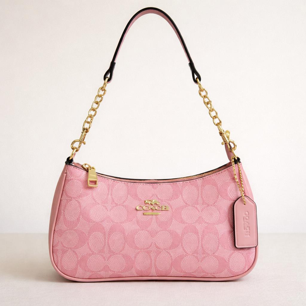 バッグ coach grunge shoulder bag y2k beige pink Y2k Coach Pink & Tan Signature Turnlock Cricket Shoulder Bag