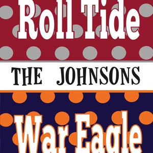May include: A graphic design with the words "Roll Tide" in white on a maroon background with gray polka dots. Below is "The Johnsons" in black, and "War Eagle" in white on a navy blue background with orange polka dots.