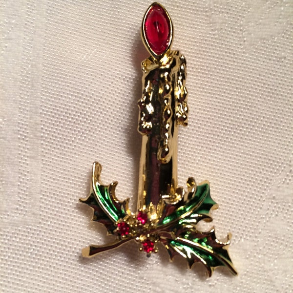 Vintage Tancer & II Enamel and Rhinestone Christmas Candle Brooch