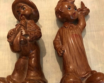 Vintage Faux Wood Boy Figurines, Set of Two
