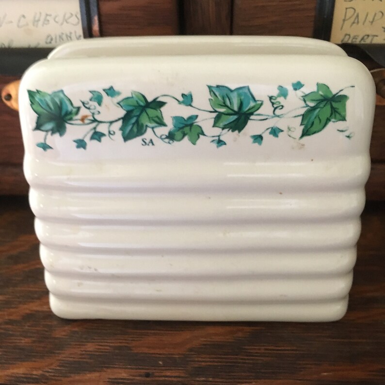 Vintage Cream Ceramic Napkin Holder with Green Ivy
