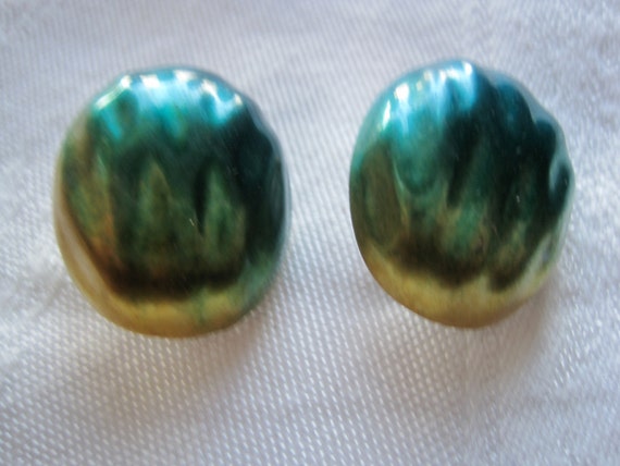 Vintage Teal Green & Chartreuse Clip Earrings - image 2