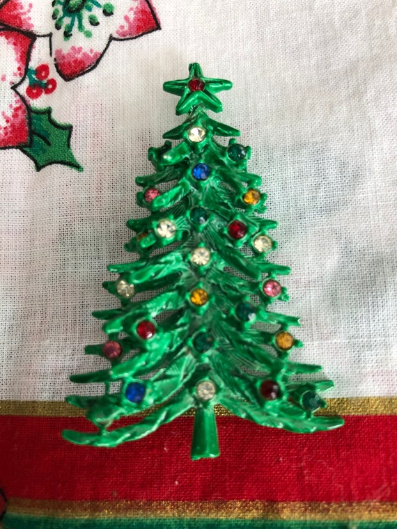 Pretty Vintage Green Enamel & Rhinestones  Christm