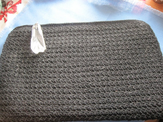 Vintage 40's Large Black Corde Clutch Bag with Lu… - image 3