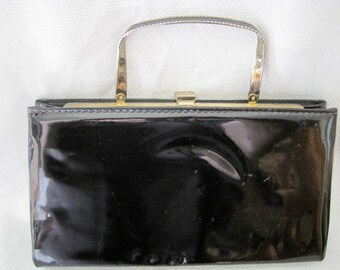 Vintage Black Patent Leather Clutch with Gold & Black Metal Handle