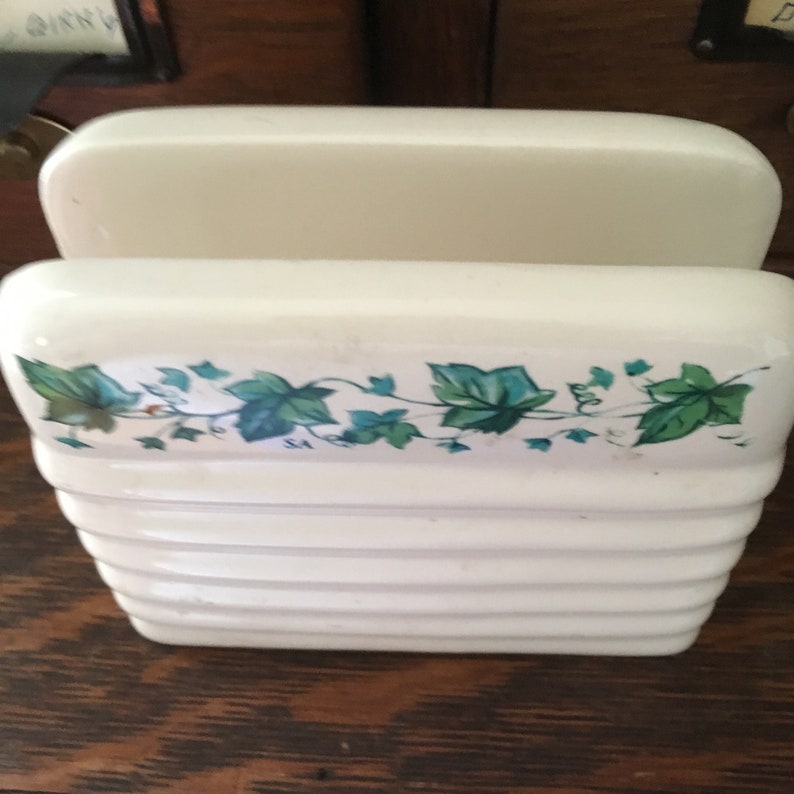 Vintage Cream Ceramic Napkin Holder with Green Ivy