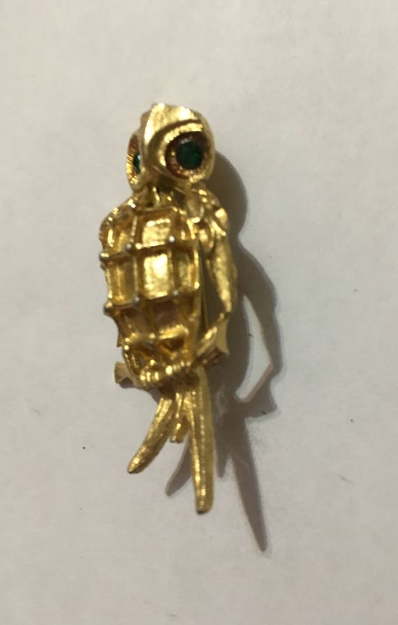 Vintage Gold Owl with Green Rhinestone Eyes Pin - image 4