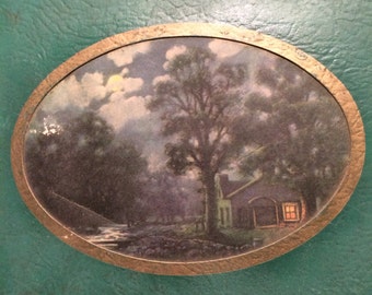 Vintage Green with Cabin in the Woods Picture Dresser/vanity Box