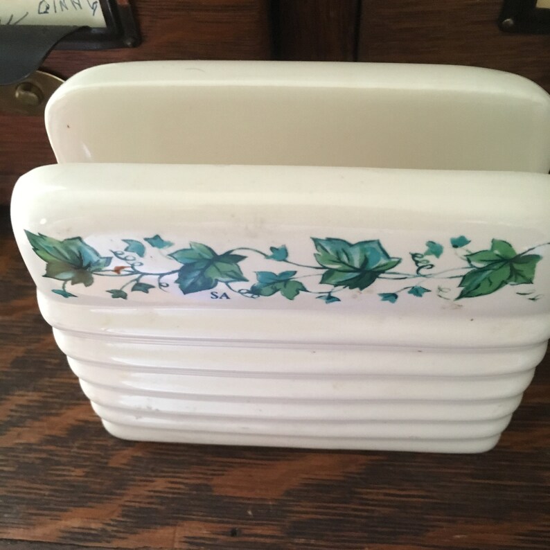 Vintage Cream Ceramic Napkin Holder with Green Ivy