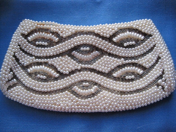 Vintage 50's Faux Pearl & Silver Beaded Bag - image 1