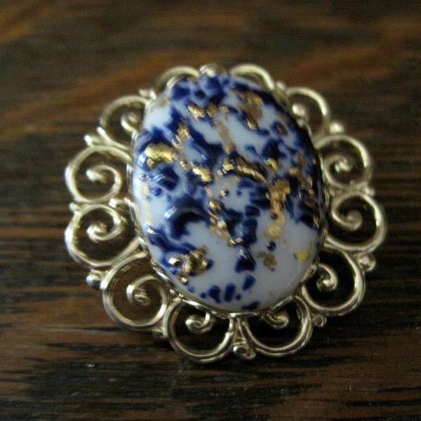 Vintage Milk Glass Brooch with Navy Blue & Gold Splatter Design